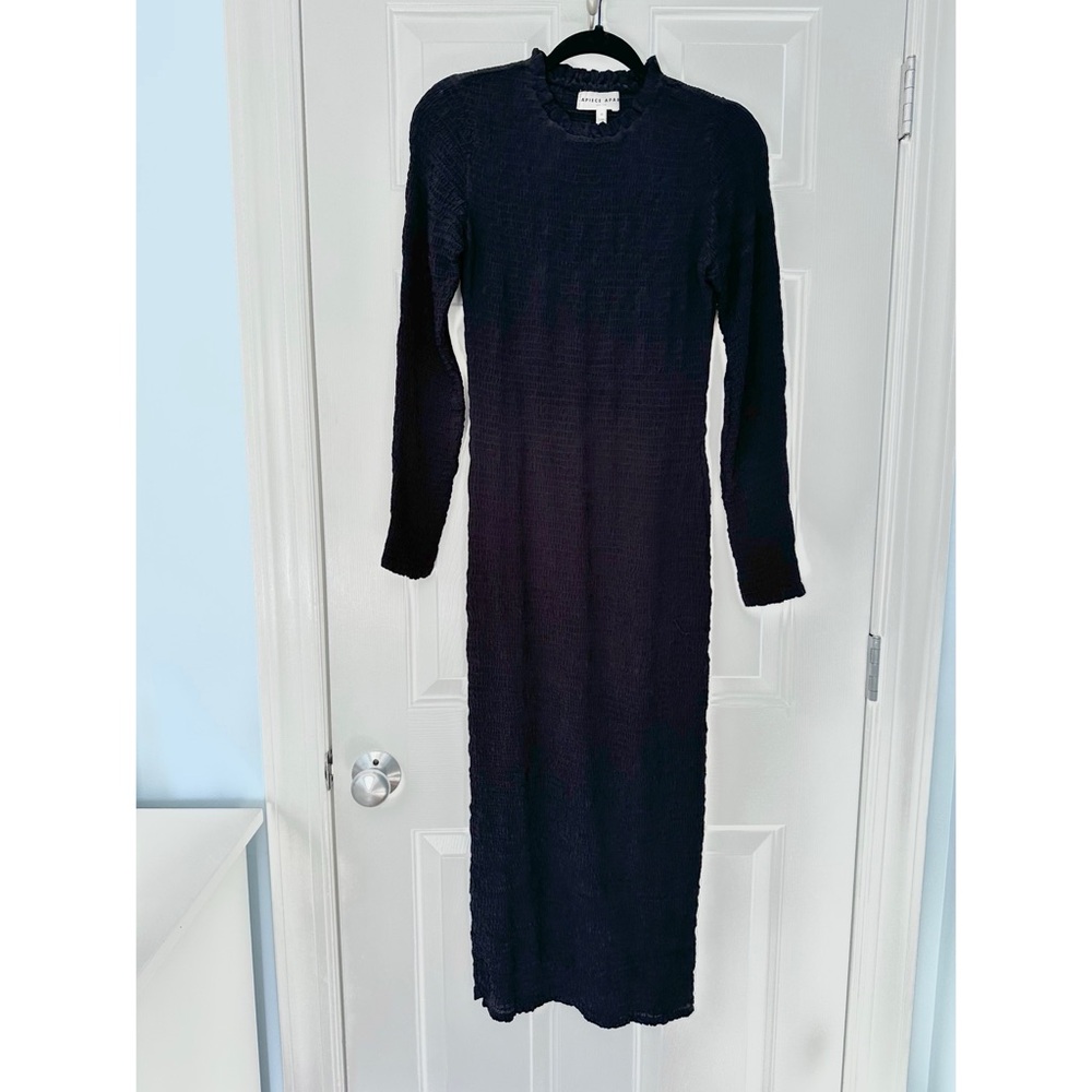 Apiece Apart Suenos Black Smocked Midi Long Sleeve Dress Bodycon Sz XS